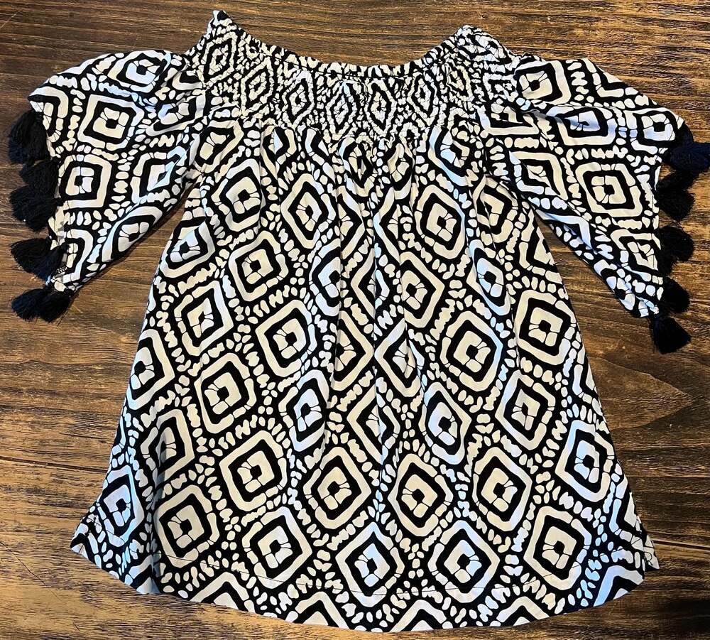 Escapada Living Smocked Geo Print Tassel Sleeve Blouse